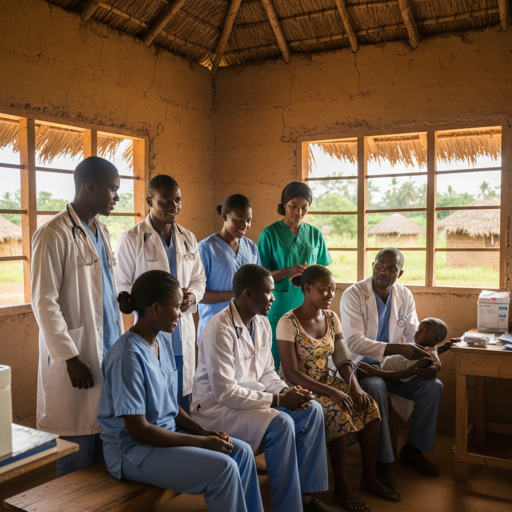 African doctors and nurses working together in healthcare setting in rural Liberia